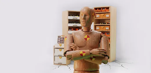 mannequin crash test devant aménagement en bois pour utilitaire